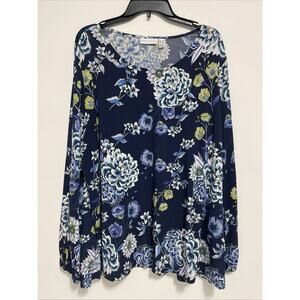 Susan Graver Top Womens 2x Blue Floral Knit Elastic Wrist Tunic Silver Shimmer